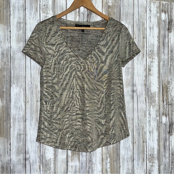 White House Black Market Tops - White House Black Market Metallic Sheer Zebra Print V-Neck Tee
